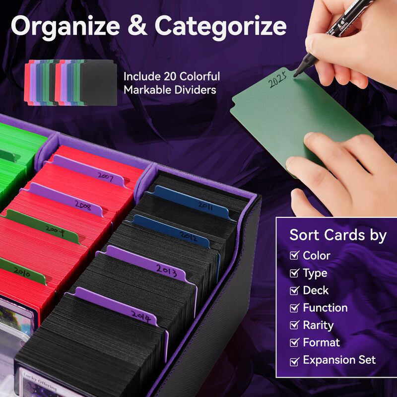 3800+ Capacity Card Storage Box. Includes 20 Dividers, 5 Supporters, Leather Magnetic Closure. Great for YuGiOh & MTG Cards.