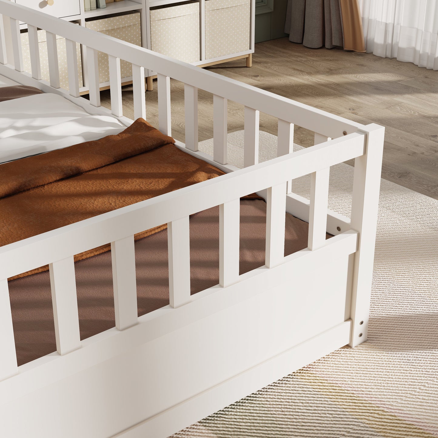 Double bed floor standing bed with ultra-high safety barrier, children's floor standing bed frame, Montessori wooden white