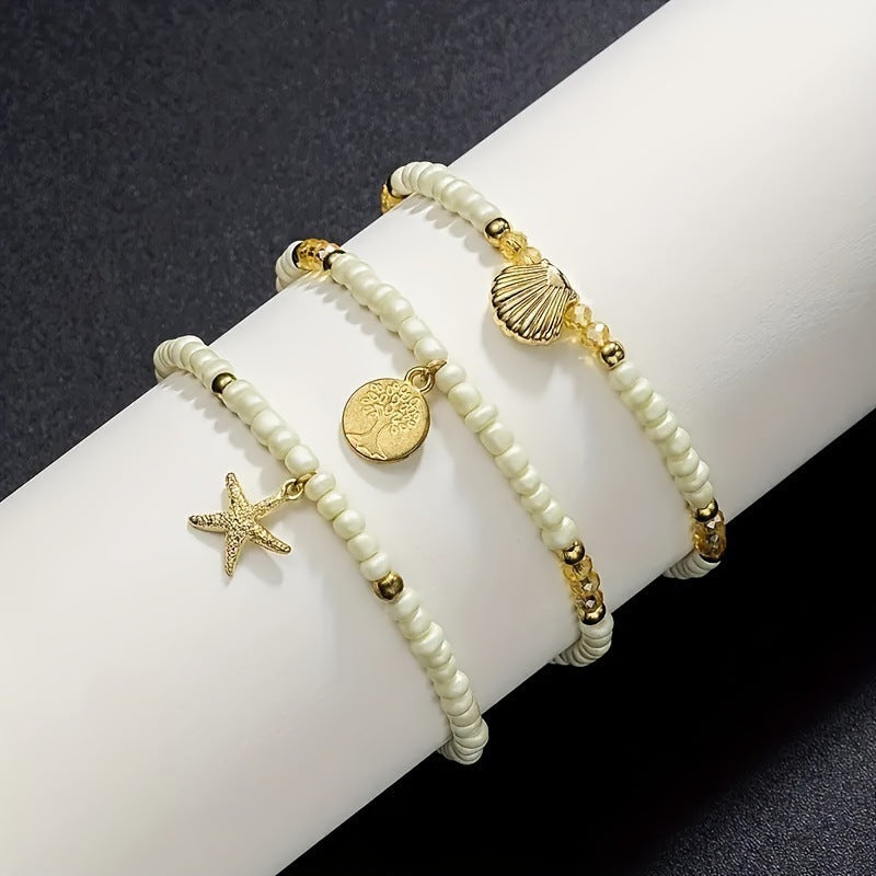 Multi-layer White Rice Bead Shell Starfish Anklet