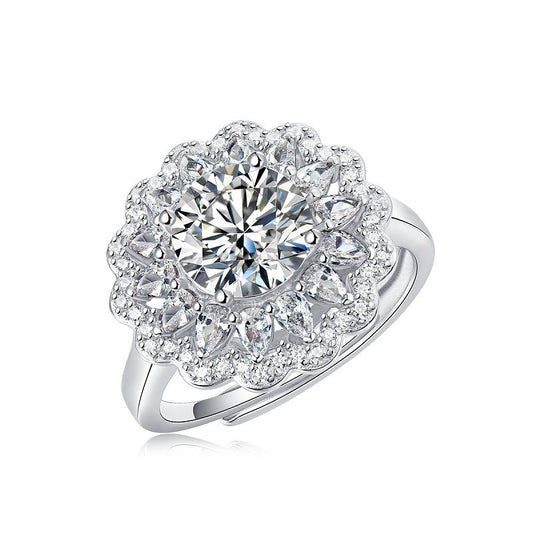 Adjustable S925 Silver Moissanite Flower Ring