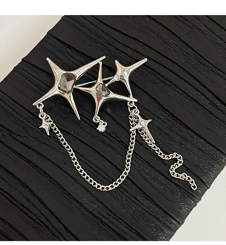 Four Eight-Pointed Stars Zircon Chain Brooch