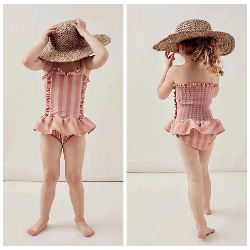 Girls' Striped Lace Swimsuit