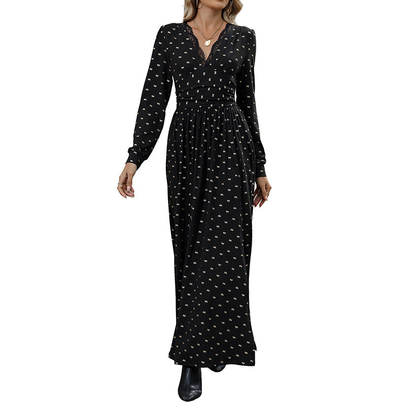 Lace V-neck Bow Print Long Sleeve Dress
