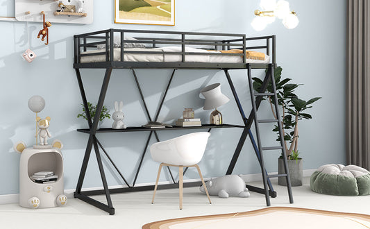 Twin Size Loft Bed with Desk Ladder and Full-Length Guardrails  X-Shaped Frame Black