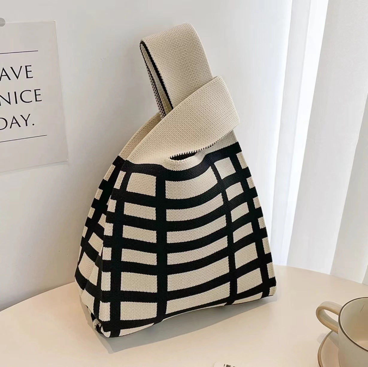 Checkerboard Knitted Shopping Tote