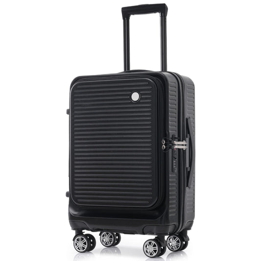Carry-on Luggage 20 Inch Front Open Luggage Lightweight Suitcase with Front Pocket and USB Port, 1 Portable Carrying Case Black