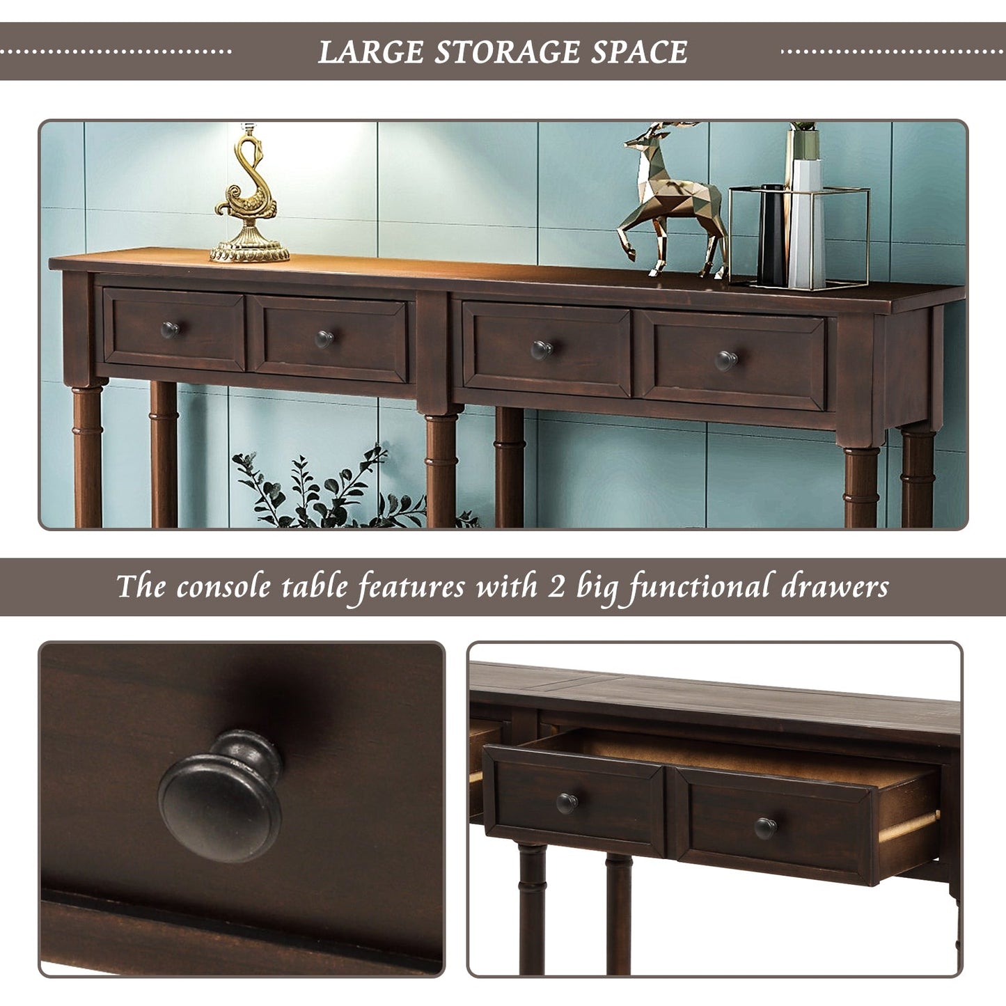TREXM Console Table Sofa Table Easy Assembly with Two Storage Drawers and Bottom Shelf for Living Room Entryway (Espresso)