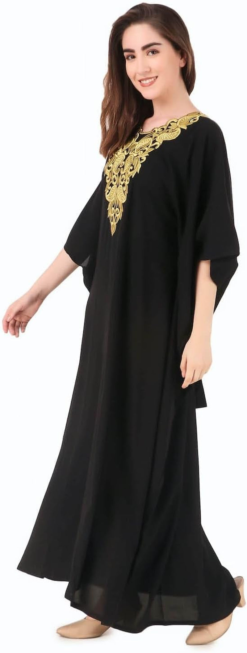 Elegant Gold Embroidered Kaftan with Cutwork Neckline