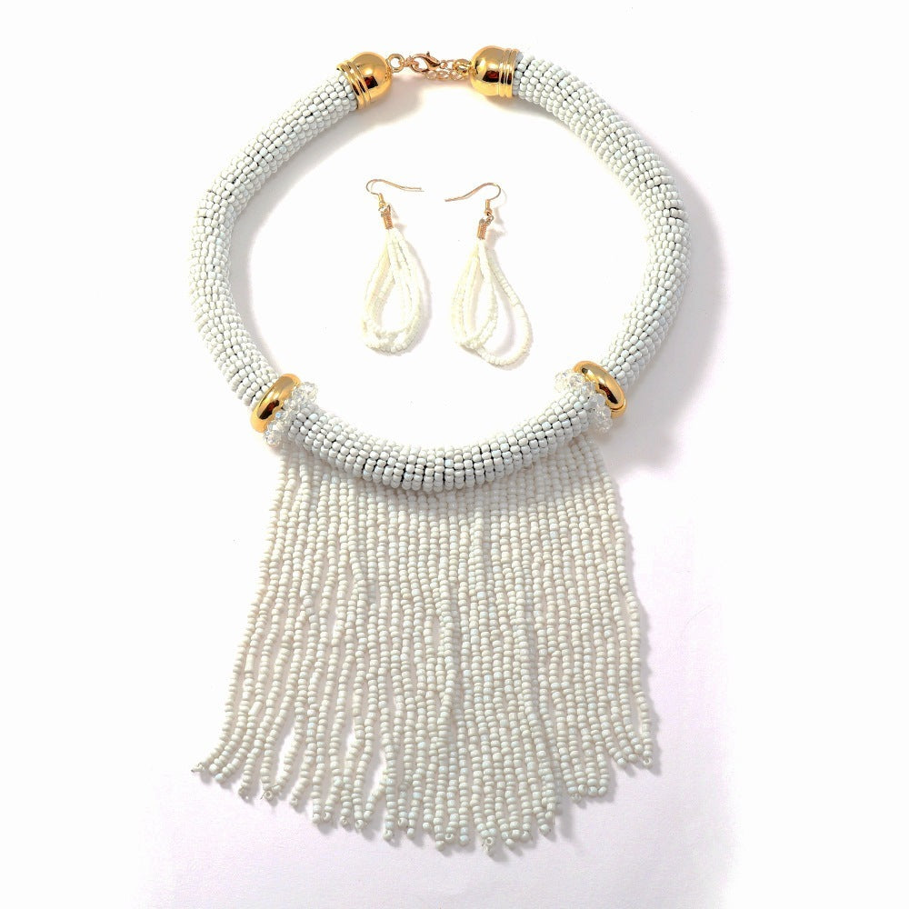 Ethnic Style Tassel Bead Necklace And Earrings Suite