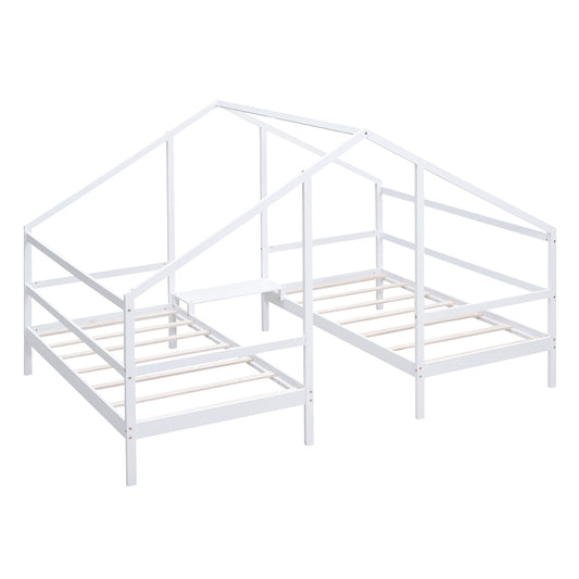 Double Twin Size Triangular House Beds with Built-in Table White