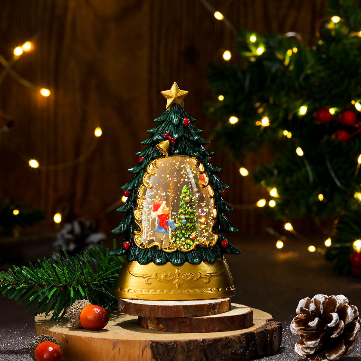 Christmas gifts, painted Christmas trees, glowing candles, oil lamps, children's small gifts, wind lamps, bar table decorations, ornaments