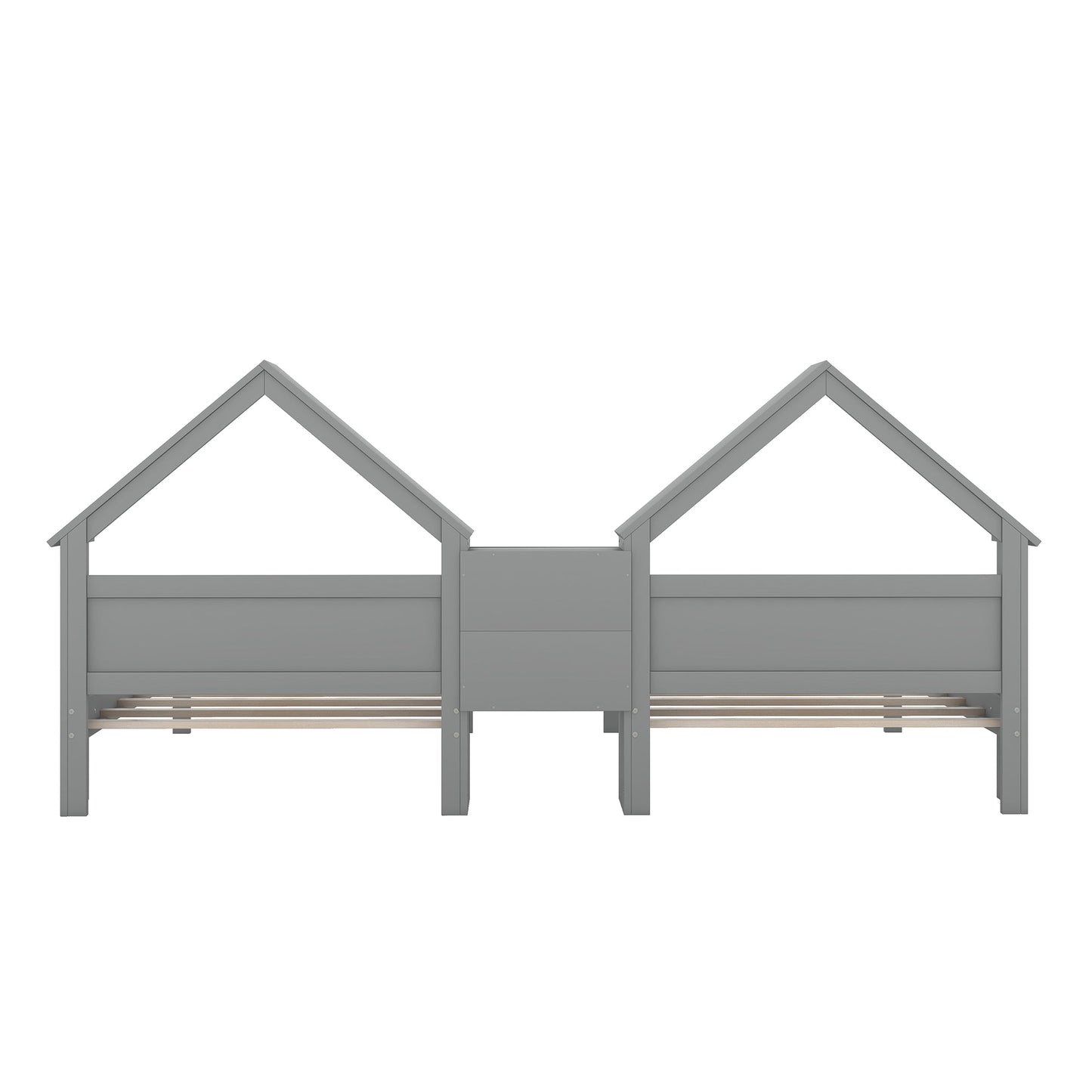 Double Twin Size Platform Bed with House-shaped Headboard and a Built-in Nightstand  Grey