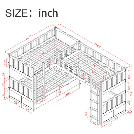 Twin Size Bunk Bed with a Loft Bed attached, with Two Drawers,Gray