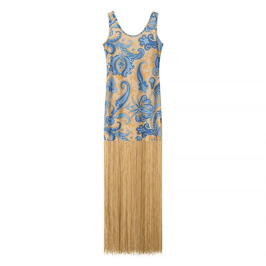 Elegant Sleeveless Printed Tassel Spliced Dress with Style