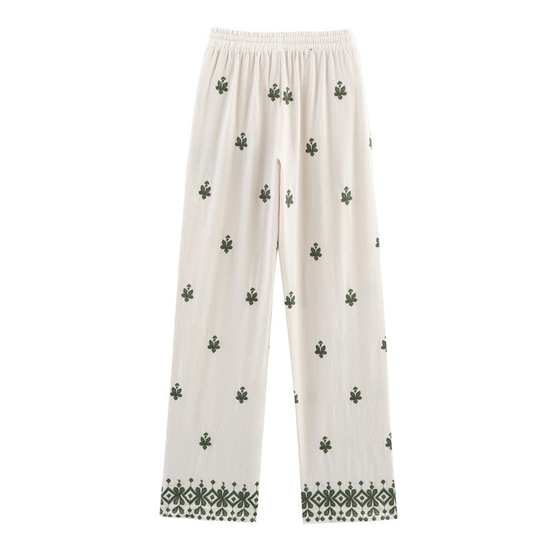Elastic Waist Tied Embroidered Wide Leg Pants for WomenStyle Fashion Casual
