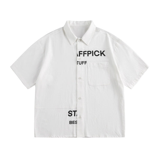 Alphabet Print Short Sleeve Shirt Workwear Japanese Style Loose Casual Design Summer Collar Shirt Men's Trendy