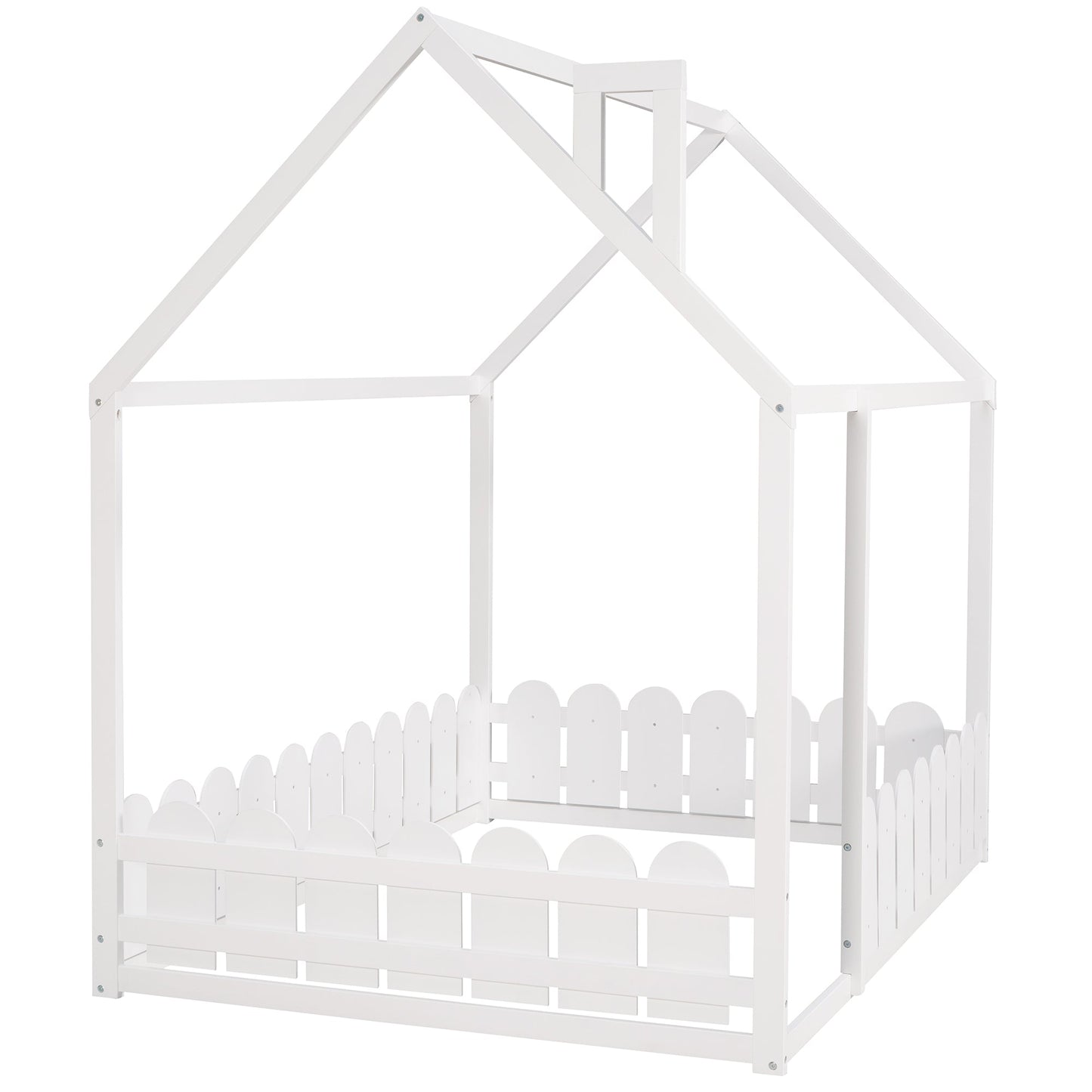 (Slats are not included) Full Size Wood Bed House Bed Frame with Fence for Kids Teens Girls Boys (White )