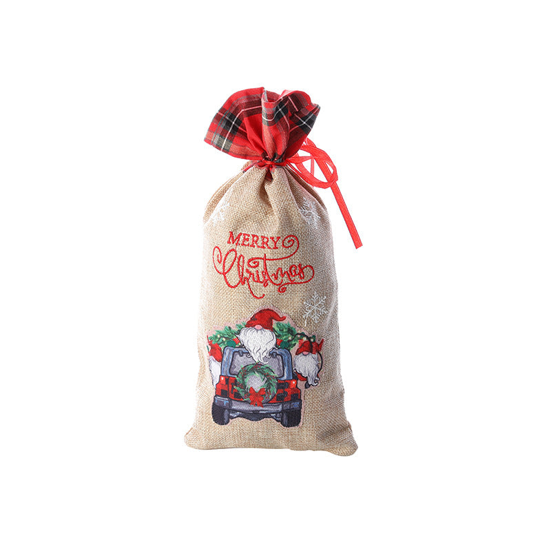 Christmas gift bag, letter printed Santa Claus home decoration, plaid linen red wine set