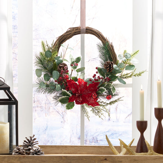 23.5" POINSETTIA/BERRY/EUCALYPTUS HALF WREATH