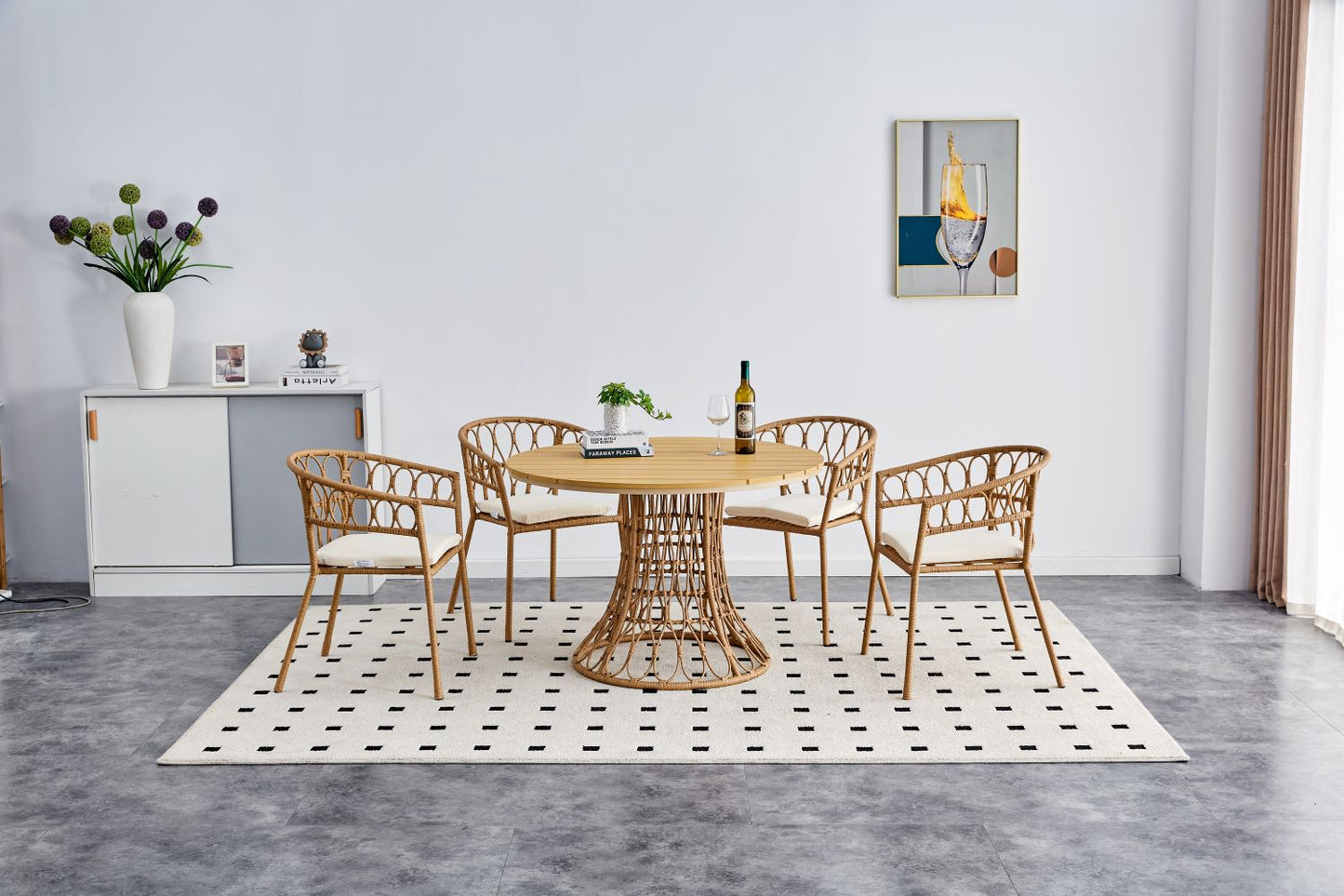 Outdoor dining set of 5 simple bamboo dinning table  PE ratten round table 110CM plastic wood top