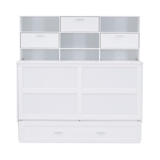 ueen Size Murphy Bed with Bookcase, Bedside Shelves and a Big Drawer, White