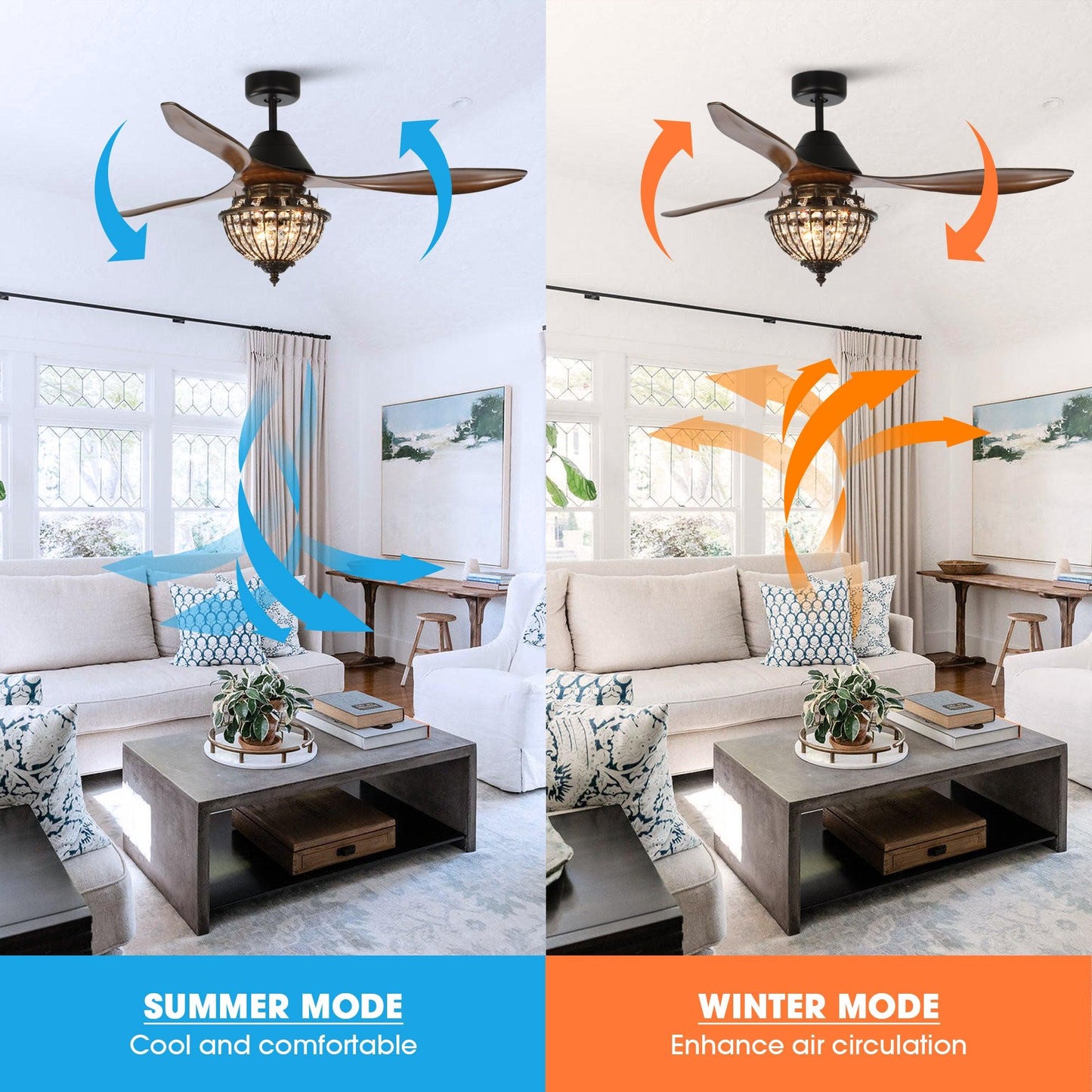 52" Vicky Indoor 3-Blade Rustic Crystal Ceiling Fan With Remote And Light Kit Included