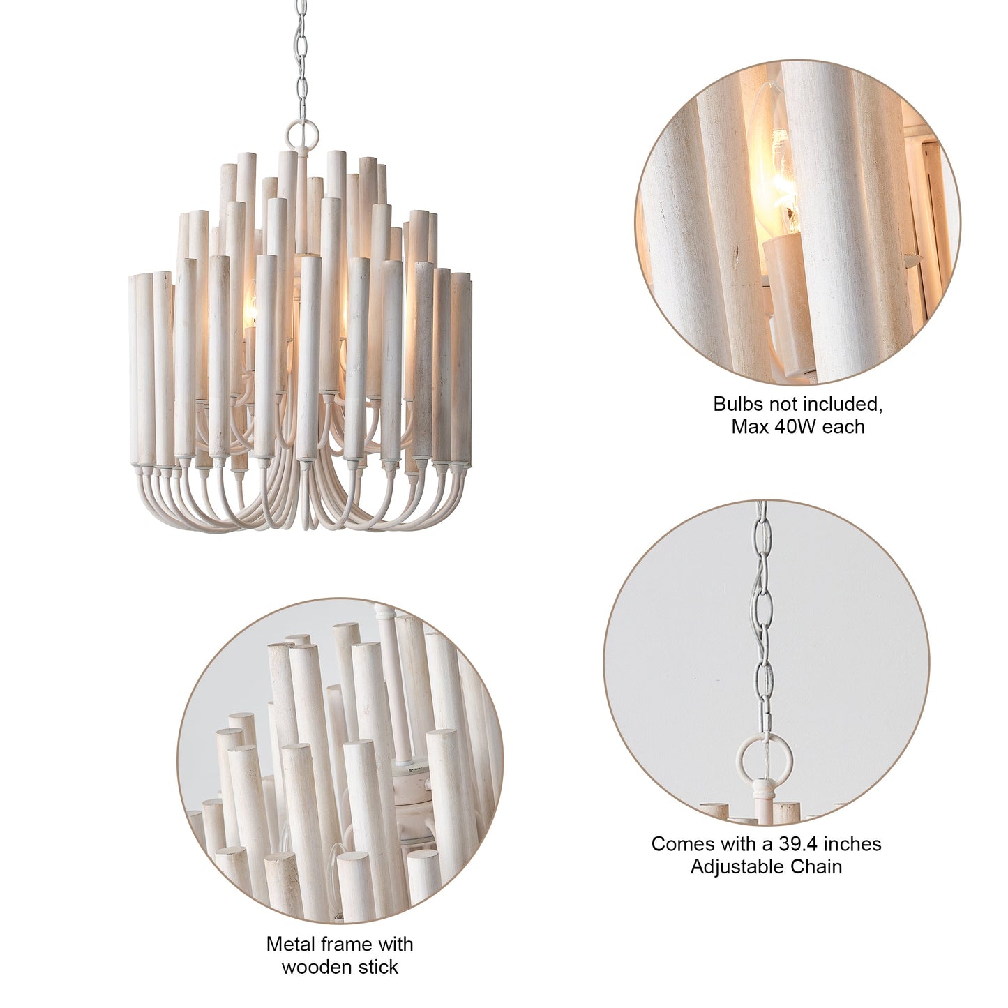20 Inch Borg 5-Light White Wooden Chandelier