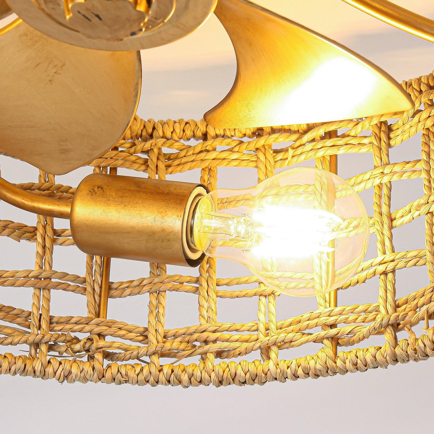 18 Inch Vintage Gold Farmhouse Rattan Flush Mount Ceiling Fan with Light APP and Remote Control