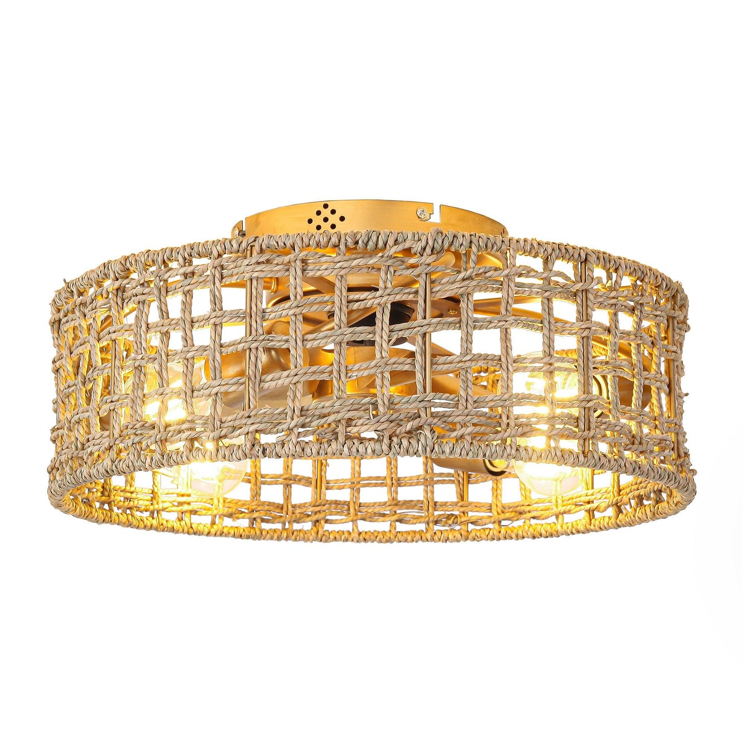 18 Inch Vintage Gold Farmhouse Rattan Flush Mount Ceiling Fan with Light APP and Remote Control