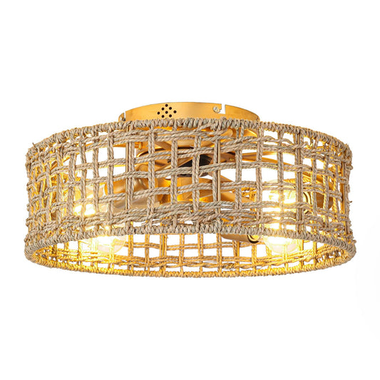 18 Inch Vintage Gold Farmhouse Rattan Flush Mount Ceiling Fan with Light APP and Remote Control