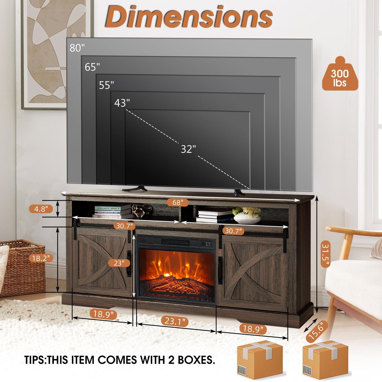 68" Farmhouse TV Stand with 23" Insert Opening Electric Fireplace
