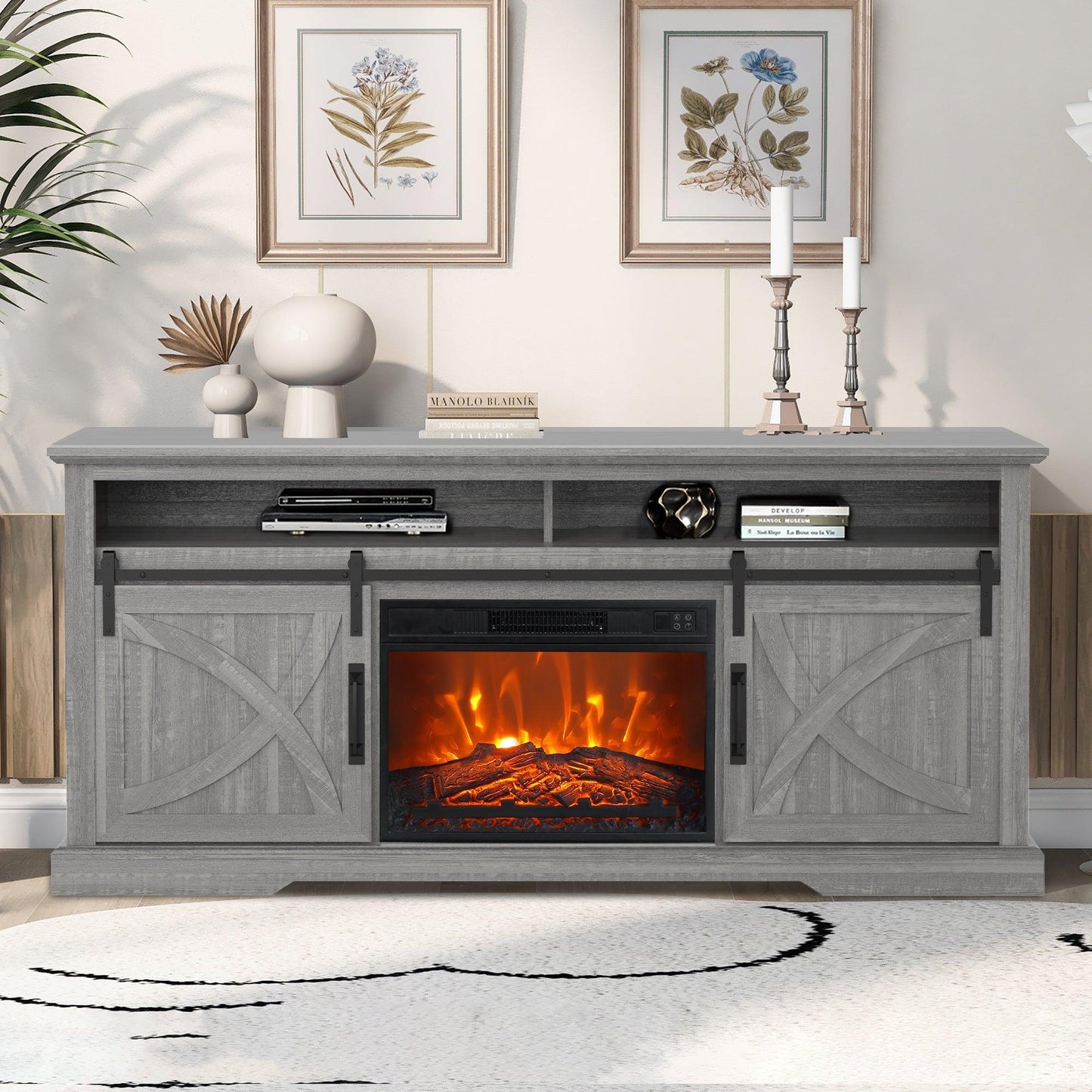 68" Farmhouse TV Stand with 23" Insert Opening Electric Fireplace
