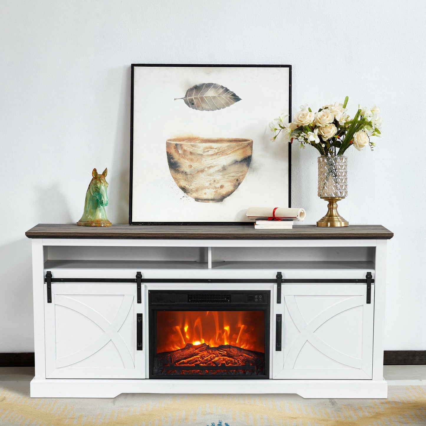 68" Farmhouse TV Stand with 23" Insert Opening Electric Fireplace