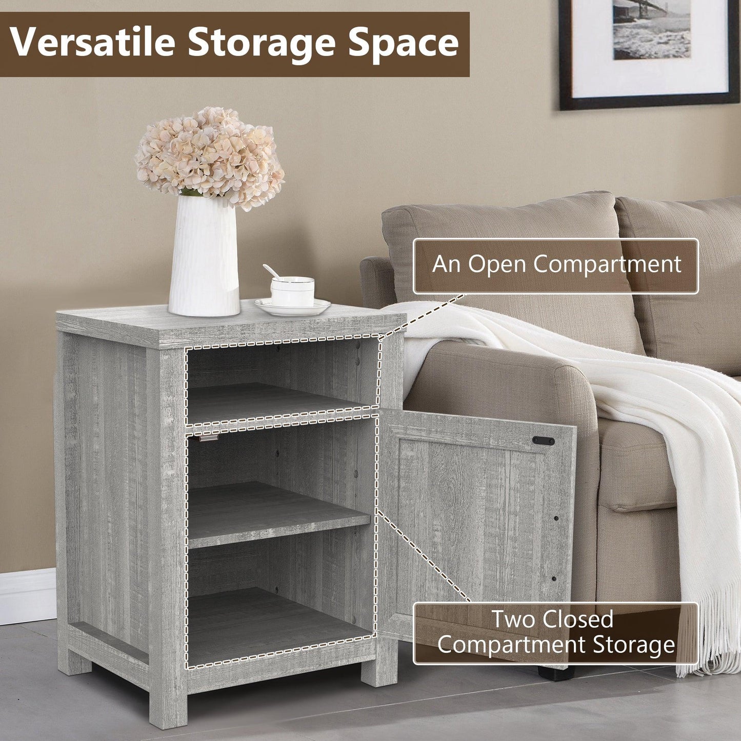 18" Solid Wood Farmhouse Nightstand for Bedroom in Brown or Grey or White