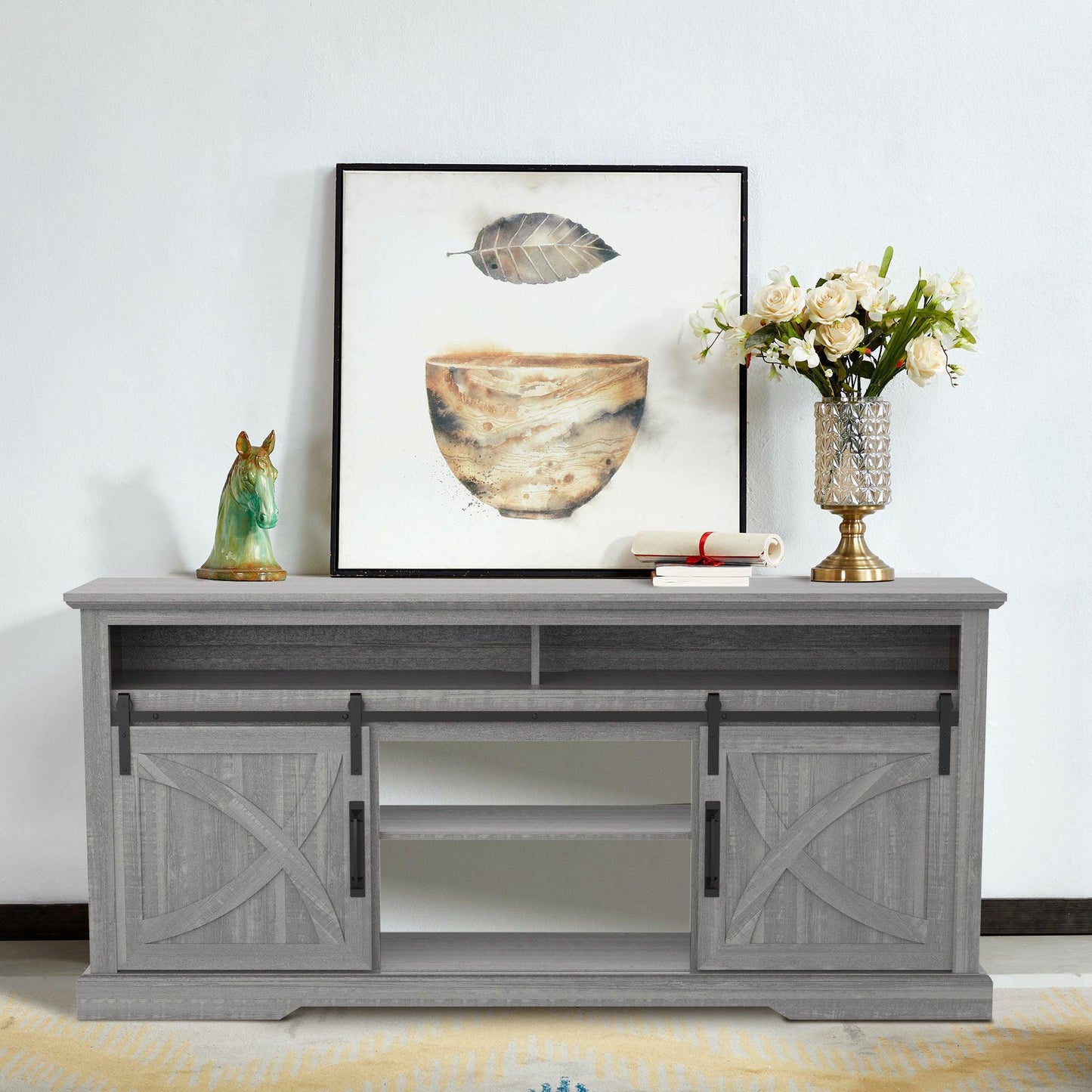 68" Farmhouse TV Stand with Double Sliding Barn Doors for Living Room