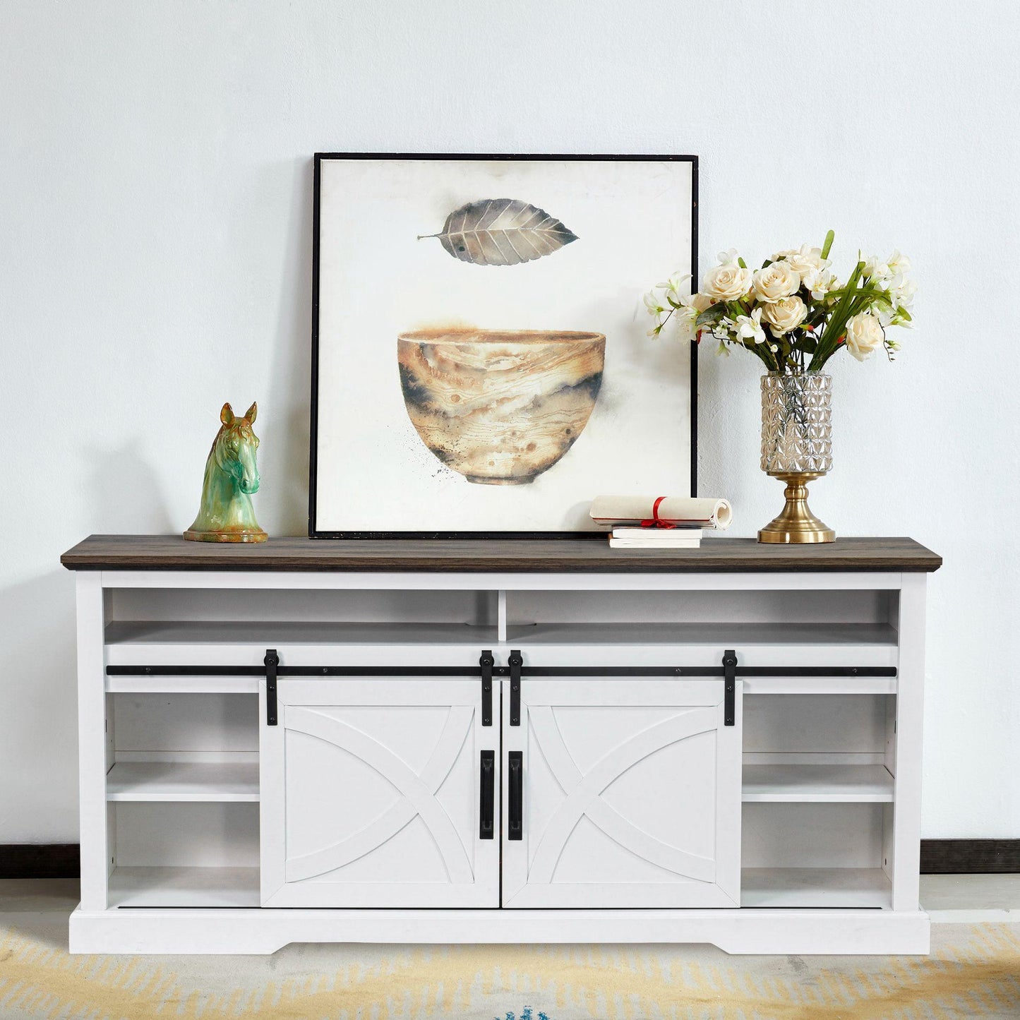 68" Farmhouse TV Stand with Double Sliding Barn Doors for Living Room
