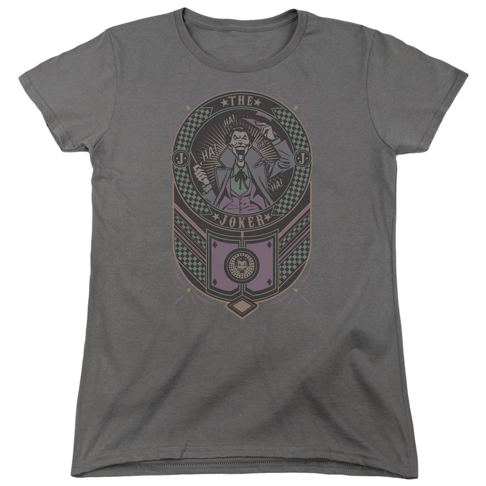Batman Joker Checkered Sign Womens T Shirt Charcoal Officially Licensed