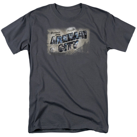 Arkham City Greetings From Arkham Mens T Shirt Charcoal Officially Licensed