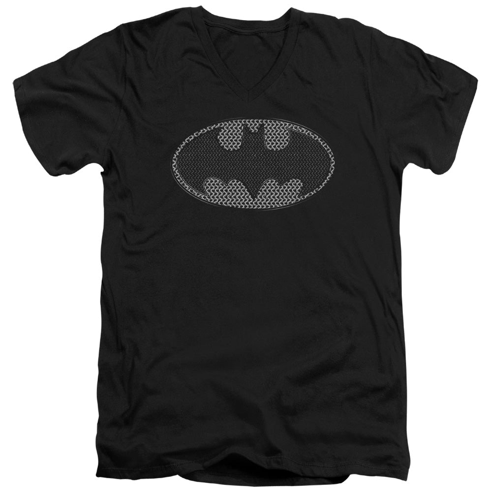 Batman Chainmail Shield Mens Slim Fit V Neck T Shirt Black Officially Licensed