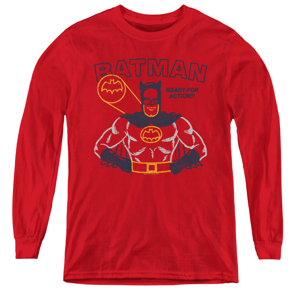 Batman Ready For Action Long Sleeve Kids Youth T Shirt Red Officially Licensed