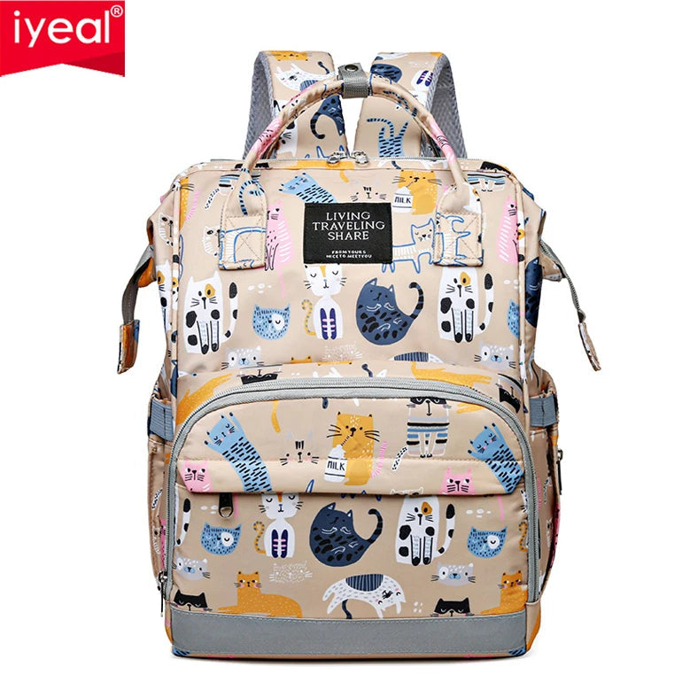 Backpack with cat pattern and 'iyeal' branding on a white background

