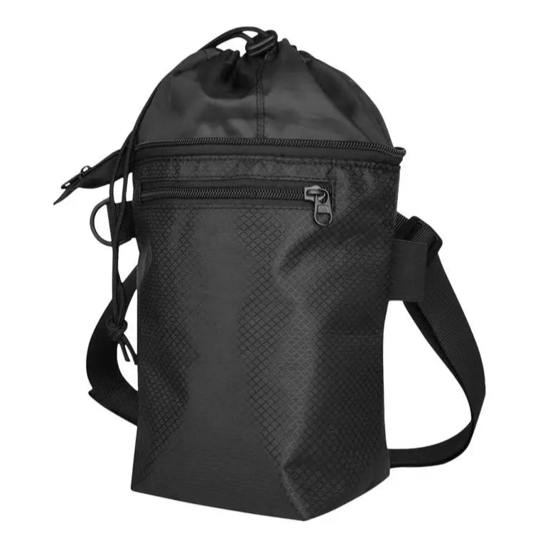 Black drawstring bag with a zipper pocket on a white background