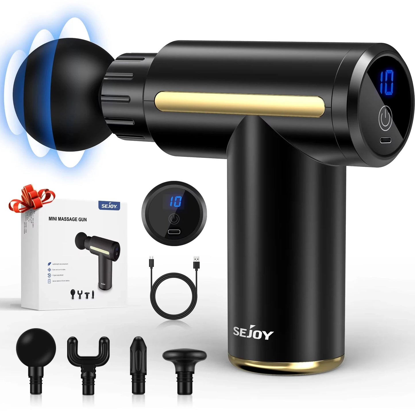 Black massage gun with attachments and packaging on a white background