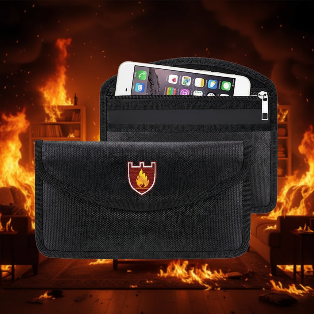 Black pouch with a logo holding a smartphone on a white background