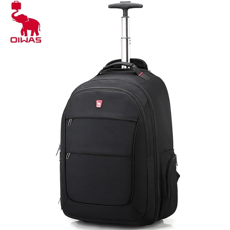 Black rolling backpack with visible brand logo on a white background