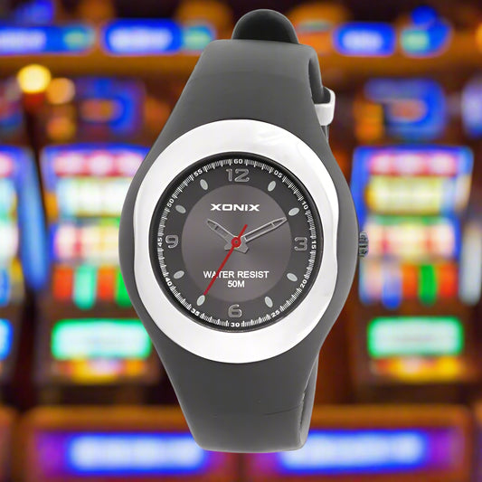 Black wristwatch with gray dial on a white background