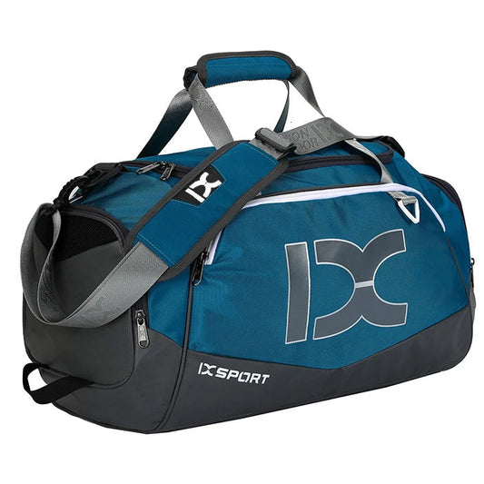 Blue and black sports bag with a visible brand logo on a white background