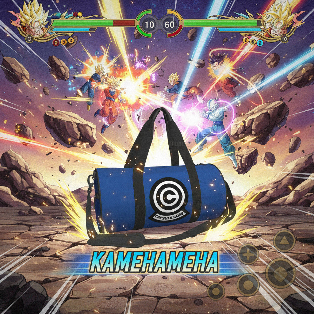 Blue duffel bag with Capsule Corp logo on a white background