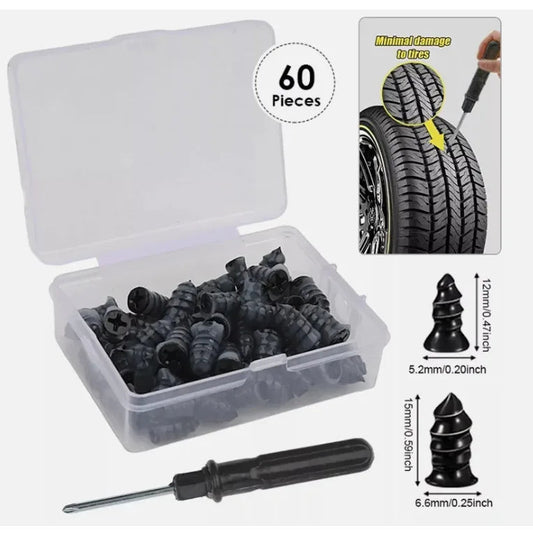 Box of tire repair plugs with a screwdriver, showing product details and usage on a white background.