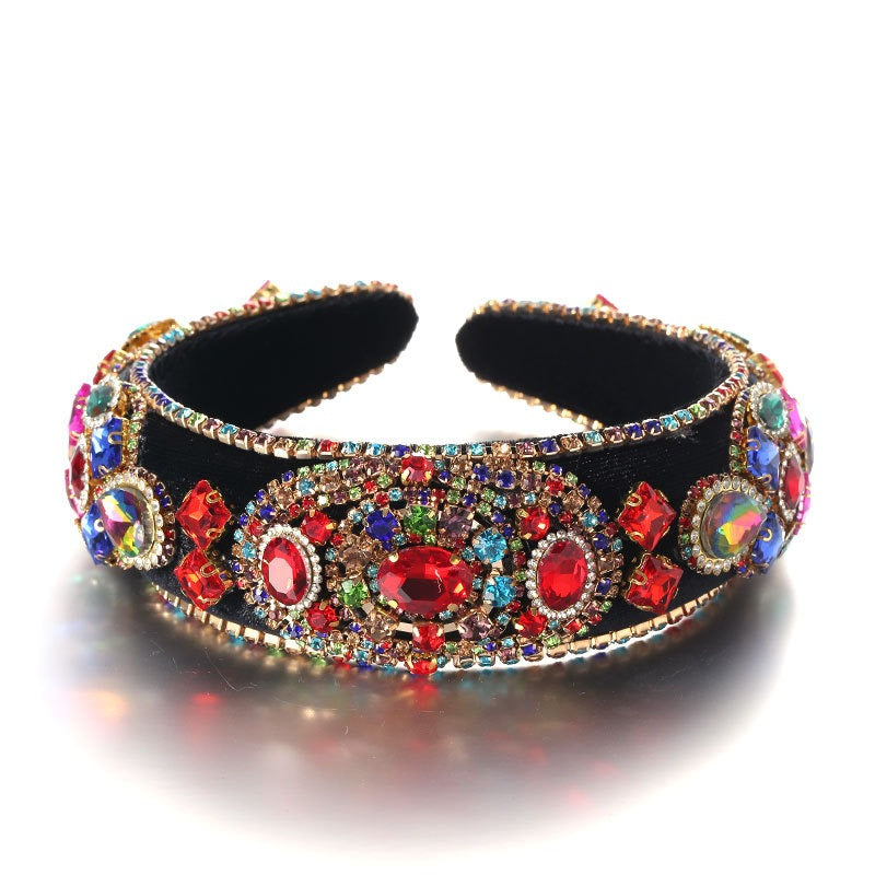 Fashionable Baroque Retro Inlaid Colored Water Diamond Sponge Head Hoop